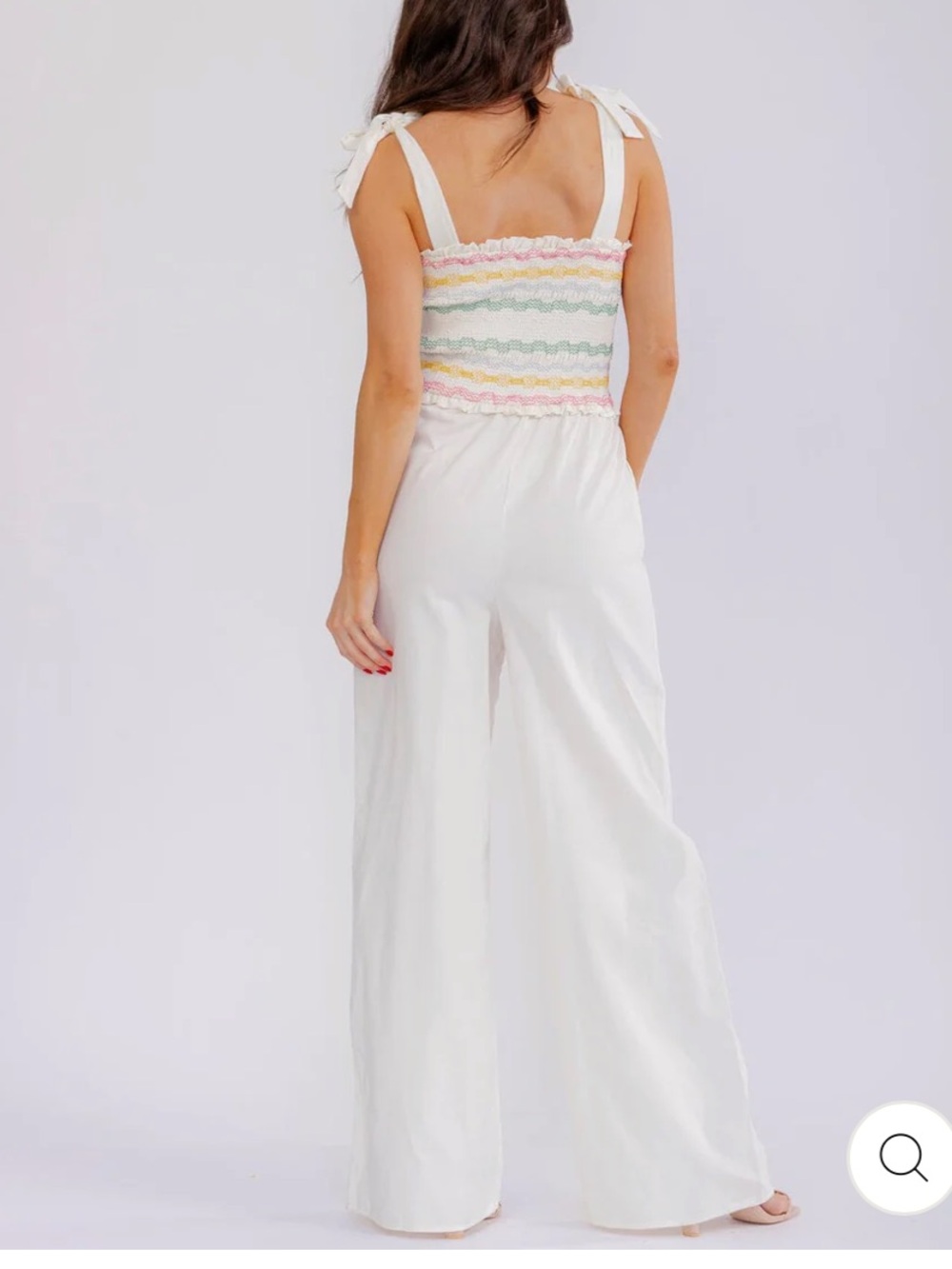 Boho NWT white Wide-Leg Jumpsuit with Multicolor Smocked Bodice size S-M-L - Picture 2 of 2